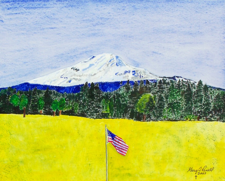 Original acrylic. An American flag in front of Mt. Adams. 