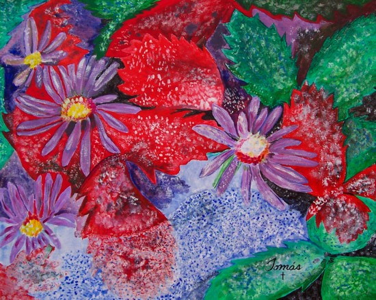 Original acrylic painting of flowers with vivid colors. Frosted Aster (Aster laevis) and Common Strawberry (Fragaria Virginiana). 