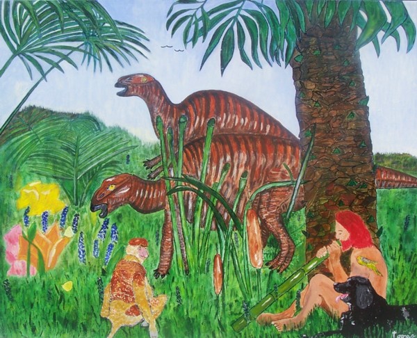 The picture is 24 X 30 acrylic painting on Job 40:15-24 described in the Bible as Behemoth, today in science as Tenontosaurus. God says, "Look now at the behemoth, which I made along with you; He eats grass like an ox... This picture shows that dinosaurs did not die off a long time before man came on the scene. It also shows Adam in the garden dwelling together in peace with the animals before sin came into the world. There is also a Proboscis Monkey, a dog, three birds and two butterflies to show that all were created by God in the six days of creation. 