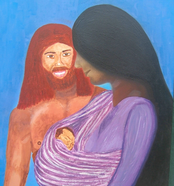 32x29 acrylic painting of Adam and Eve and their baby with Eve done in airbrush. God made their clothes to begin with, Gen. 3:20-21. , Gen. 4:1-2. 