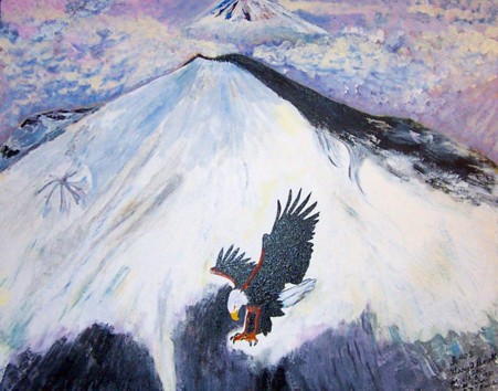 Original acrylic/oil painting. 24x30 canvas. The picture is of Mt. St. Helens March 27, 1980, when it gave off only a plume of black. You can see an eagle in the foreground and Mt. Rainier in the distance. The eagle represents Isaiah 40:31 